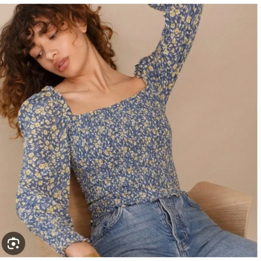 Reformation‎ Pinto Top Blue Floral Smocked Bodice Long Sleeve Blouse Medium